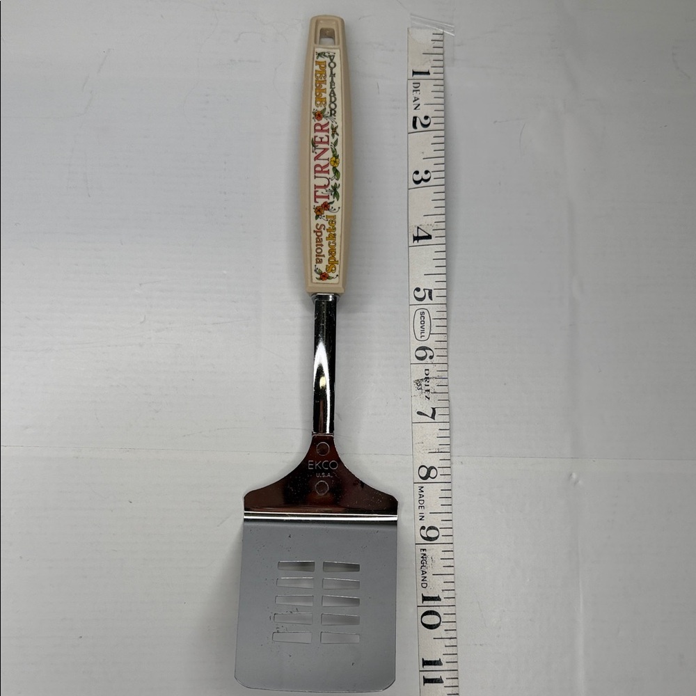 EKCO Vintage Slotted Spatula Turner with Cream Handle Floral Details